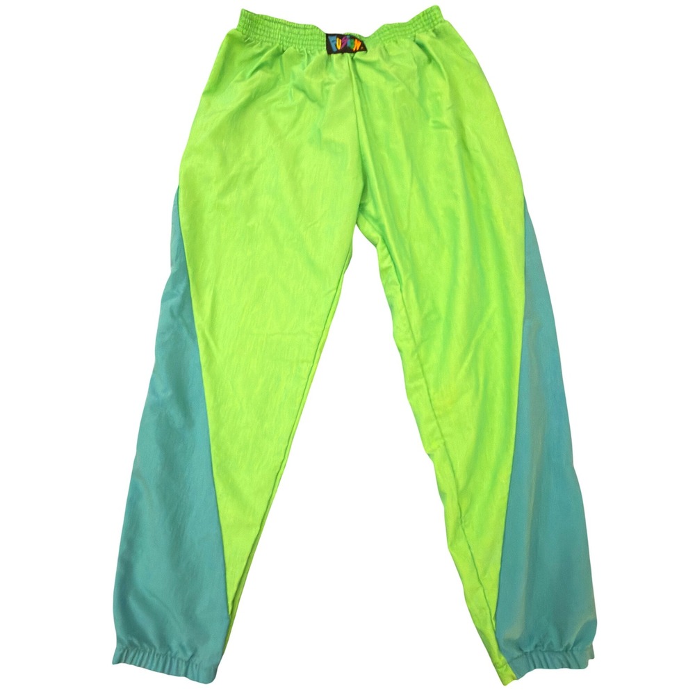 Vintage 90s Fusion Sport Hammer Pants Neon Lime Green Teal Colorblock Large USA